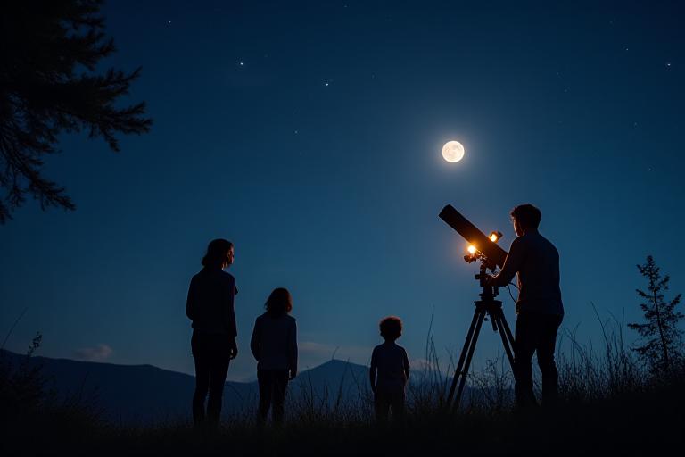A family looking through a telescope at a bright planet in the night sky.