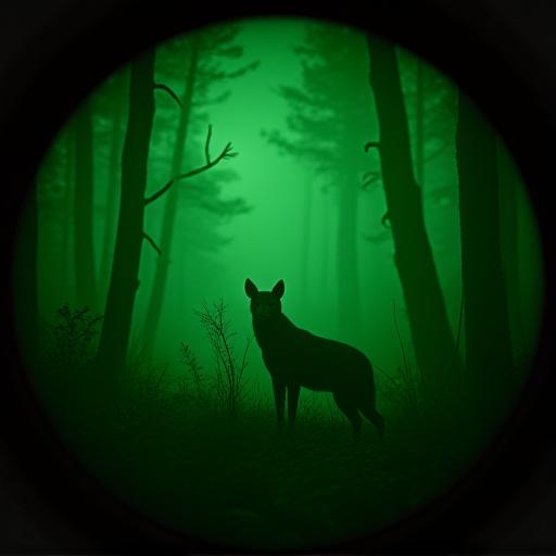 A crisp, green-tinted view through a night vision monocular.